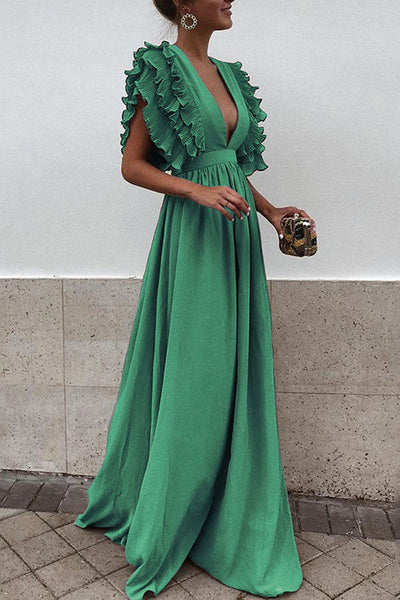 Elegant V-neck Frill High Waist Maxi Dress