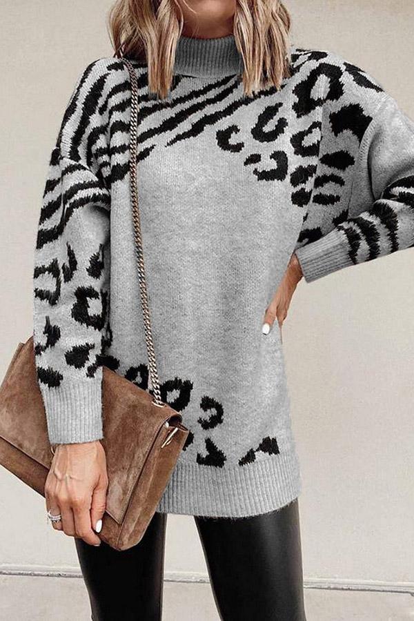 High Neck Leopard Long Sleeve Knit Sweater