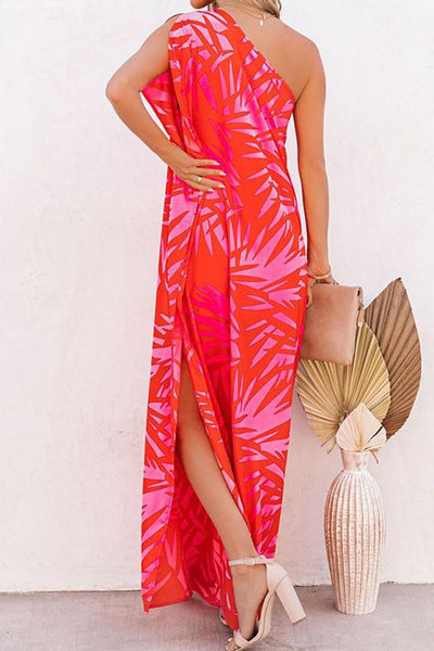 Palm Print One Shoulder Slit Maxi Dress
