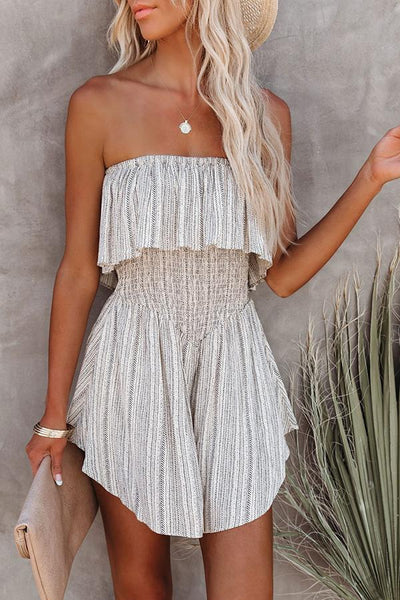 Fashion Striped Smocked Strapless Ruffled Romper