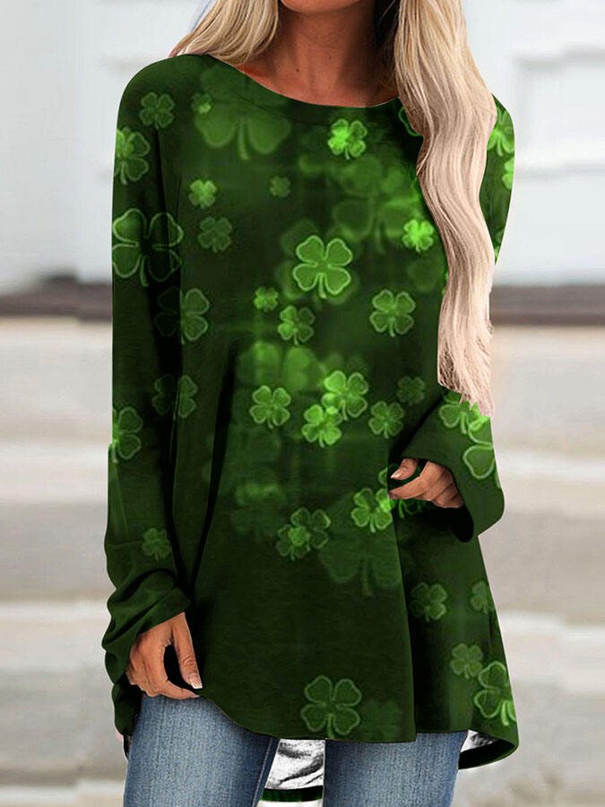 Four-Leaf Clover Gradient Print Long-Sleeve T-Shirt