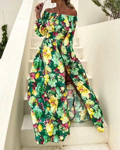 Stylish One-Line Neck Long-Sleeve Printed Slit Dress