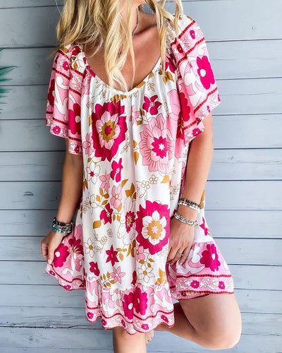 Sunshine floral ruffled V-neck loose BOHO dress