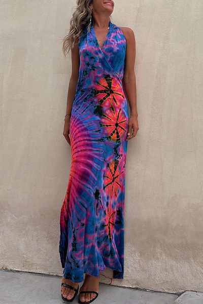Abstract Floral Printing Backless Dress