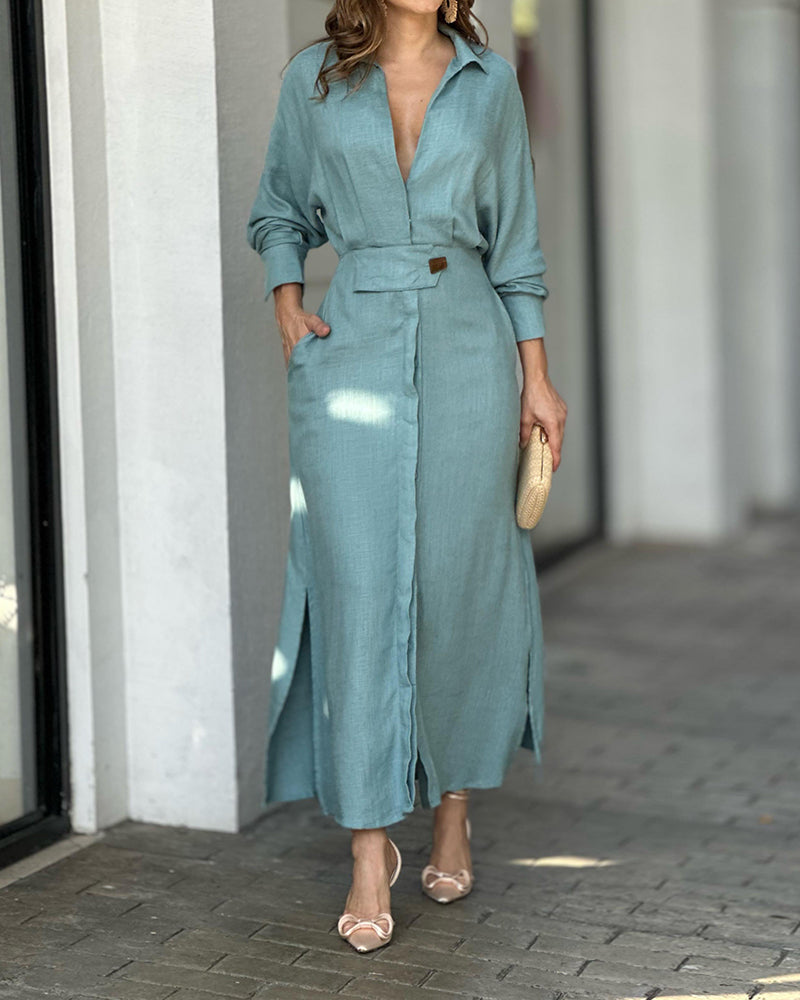 Lapel Long Sleeve Solid Color Dress