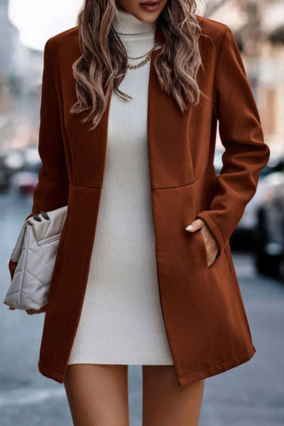 Fashion Stand Collar Pocket Long Sleeve Solid Color Coat