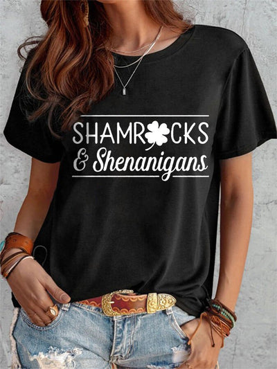 Lässiges T-Shirt mit Shamrocks- und Shenanigans-Aufdruck für Damen 