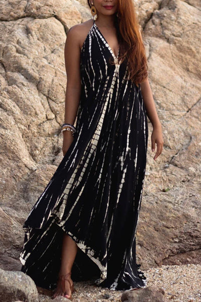 Sexy Sleeveless Halter Lace Up Backless Print Dress