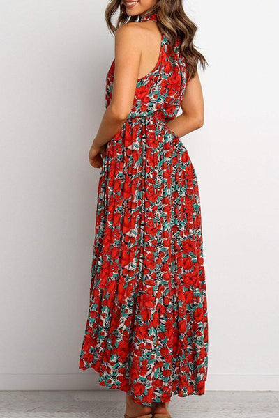 Halter Neck Print Lace-Up Maxi Dress