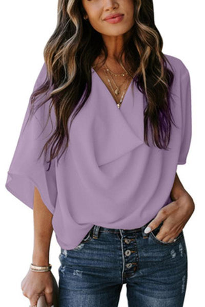 Solid Draped V-neck Half Sleeves Casual Blouse