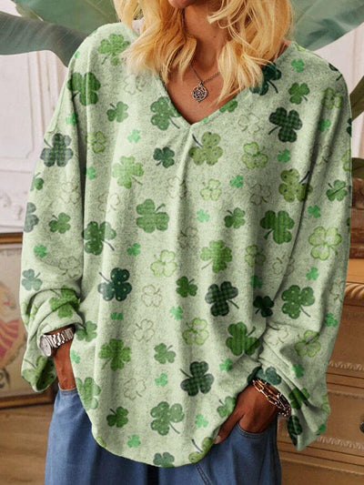 Clover Print V-Neck Long Sleeve T-Shirt