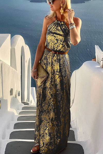 Diane Gold Leopard Print Halter Maxi Dress