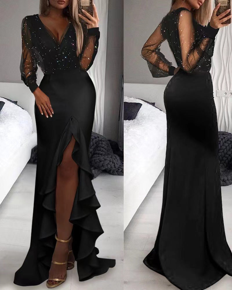 Robe longue sexy en maille à sequins 