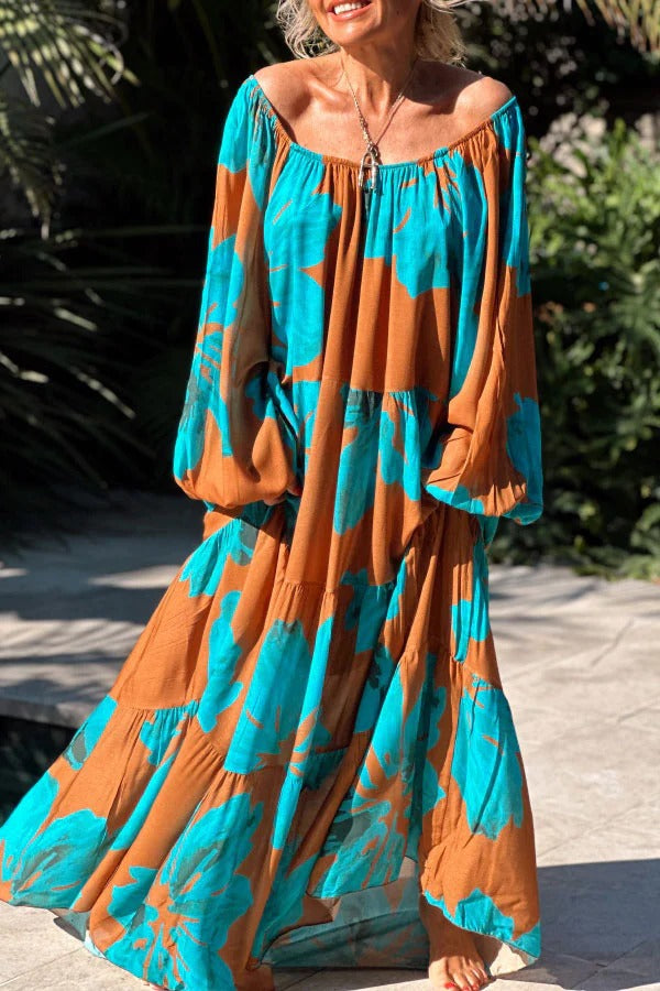 Sexy One-line Shoulder  Printed Maxi Dress