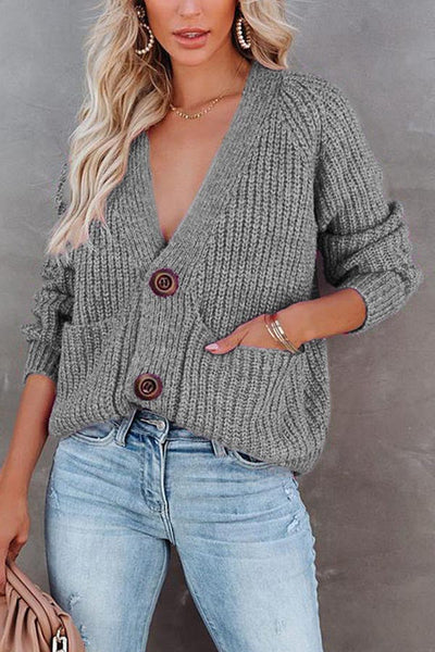 Cardigan uni à col en V, veste pull à manches longues et simple boutonnage