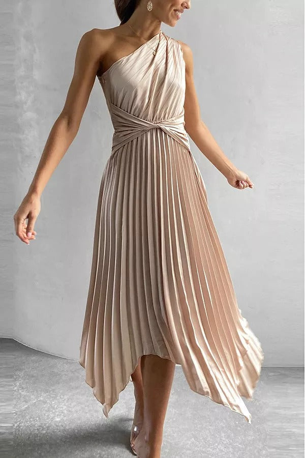 Satin One Shoulder Pleated Midi Dress