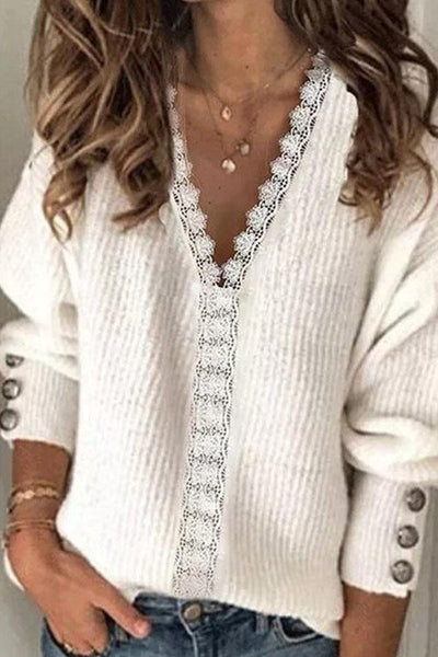 Chic V-Neck Plain Long Sleeve Sweater