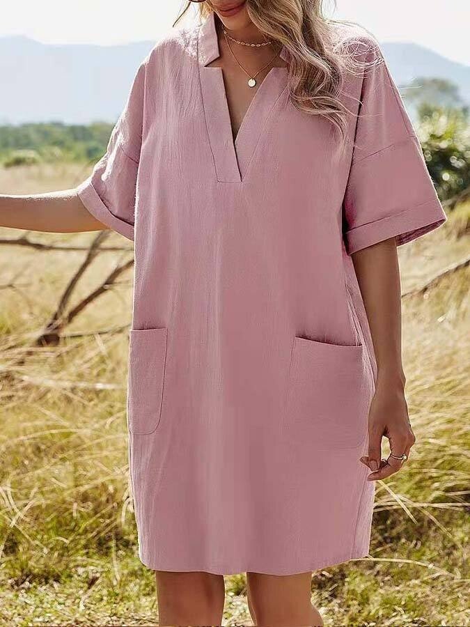 Robe ample à col en V et poches pour femmes 