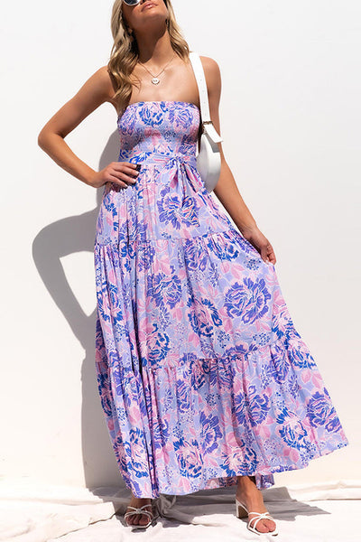 Strapless Backless Lace Up Print Maxi Dress