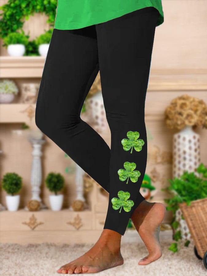 Women's St. Patrick's Day Lucky Shamrock Print Stretch Leggings