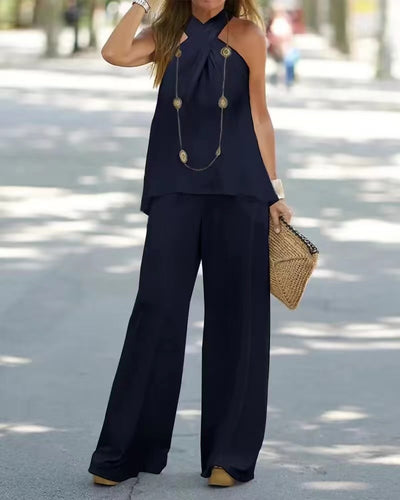 Casual Hanging Neck Solid Color Sleeveless Suit