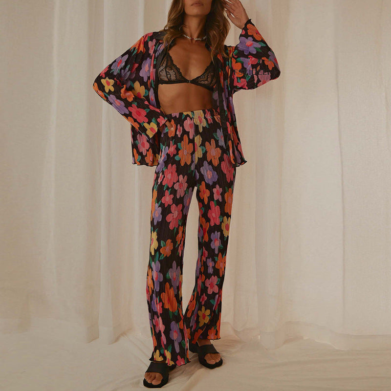 Printed Pleated Long Sleeves Spring and Summer 2 Pieces Suit