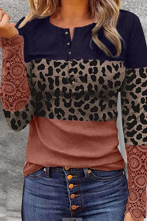 Leopard Round Neckline Long Sleeve Blouses