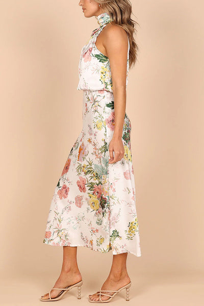 Temperament hanging neck printed satin dress