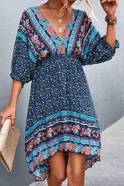 V-Neck Positioned Floral Irregular Backless Dress