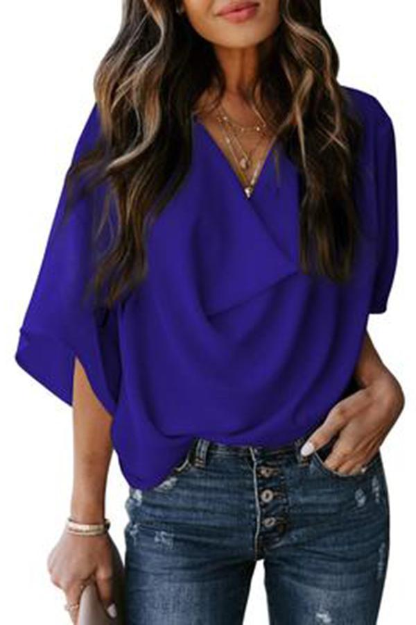 Solid Draped V-neck Half Sleeves Casual Blouse