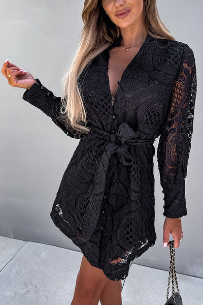 Crochet Lace Belted Shirt Dress