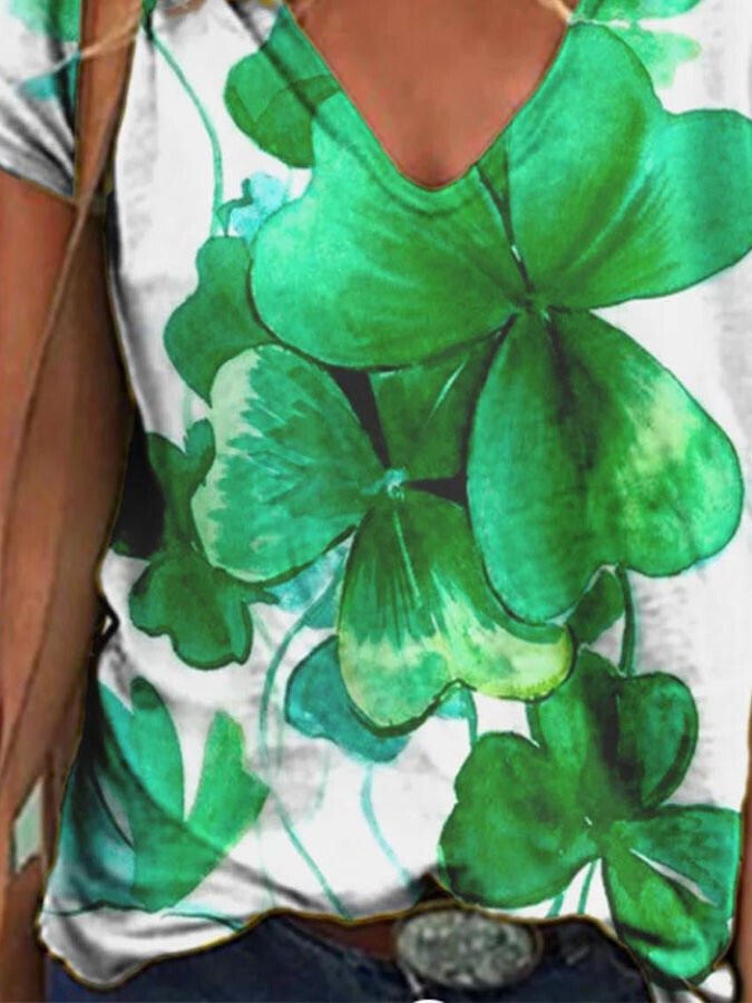 V-Neck Clover Print Top