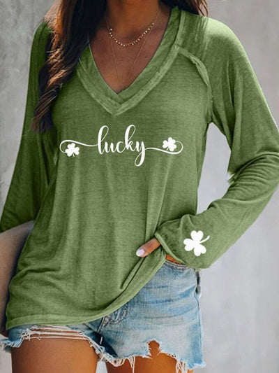 T-shirt à col en V imprimé LUCKY Shamrock pour femme de la Saint-Patrick 