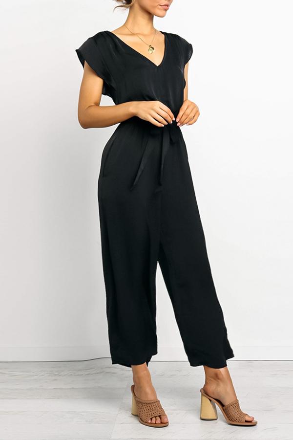 Basic Chiffon Lace Up V Neck Jumpsuit