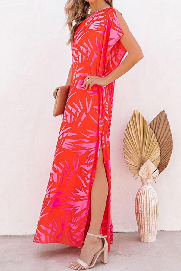 Palm Print One Shoulder Slit Maxi Dress