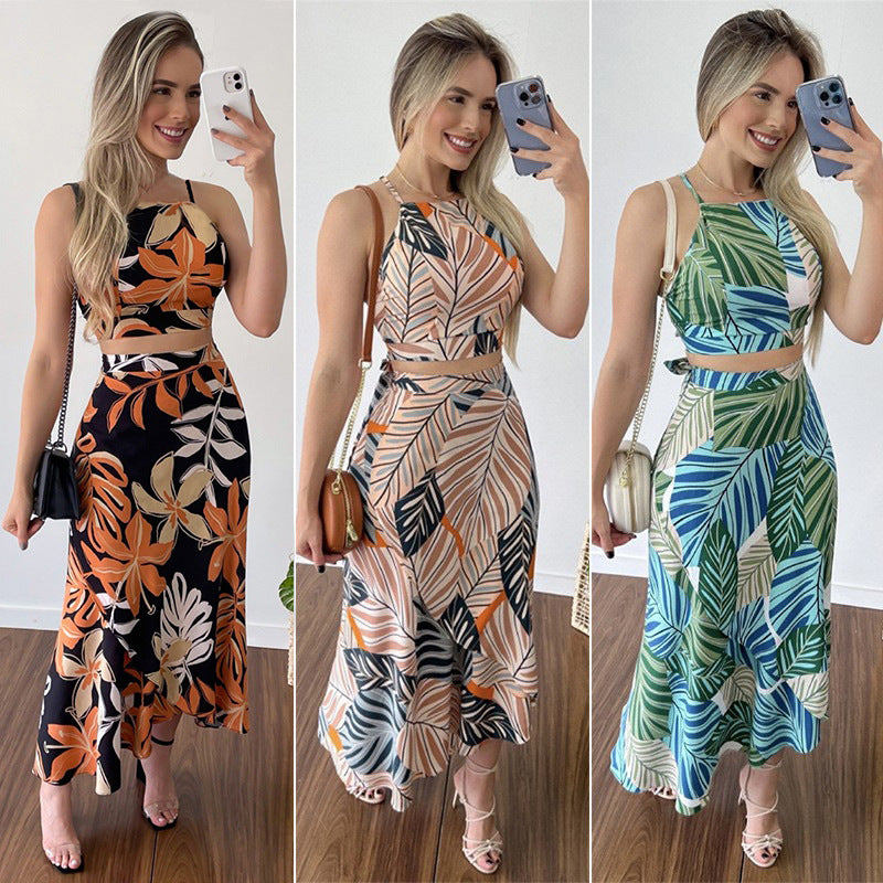 Leaves Print Halter Slim Top & Long Skirt Two Piece Set