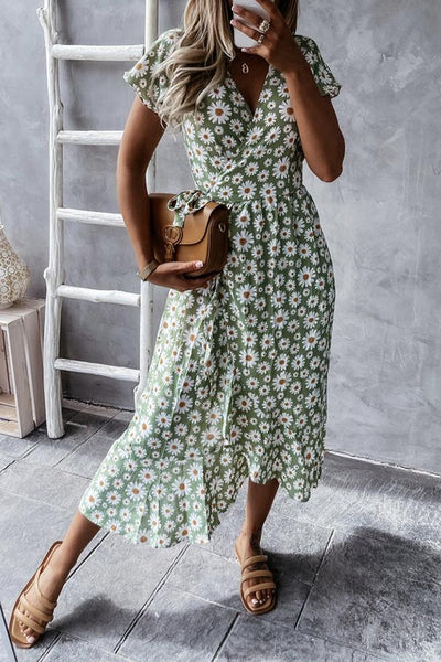 Floral V-neck Wrapped Midi Dress