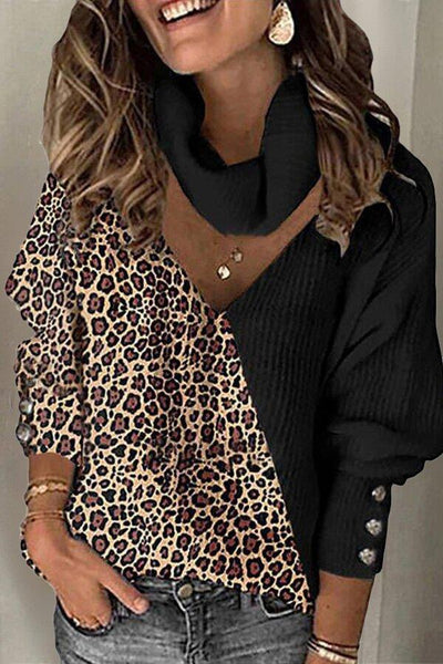 Leopard Print Color Matching Elegant Hollow V High Neck Loose Knit Sweater