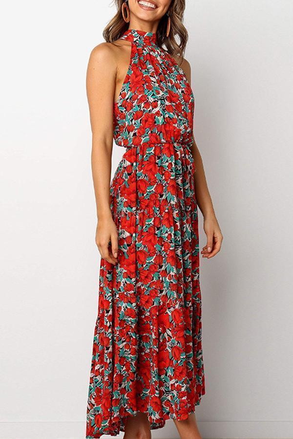 Halter Neck Print Lace-Up Maxi Dress