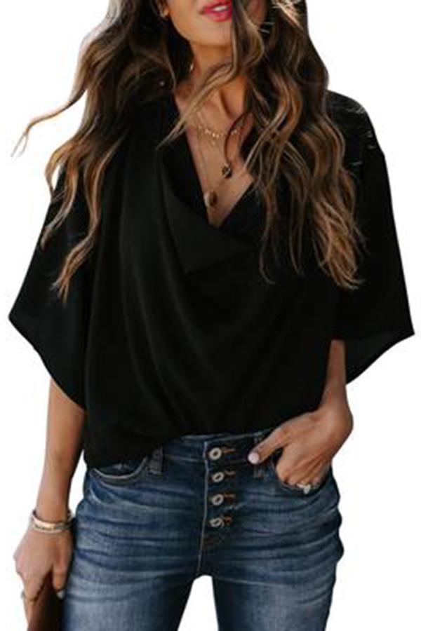 Solid Draped V-neck Half Sleeves Casual Blouse