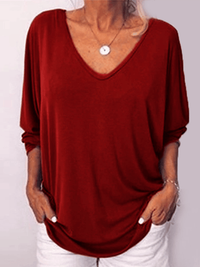 Women's Casual Pure Color Deep V-Neck Long Sleeve T-Shirt