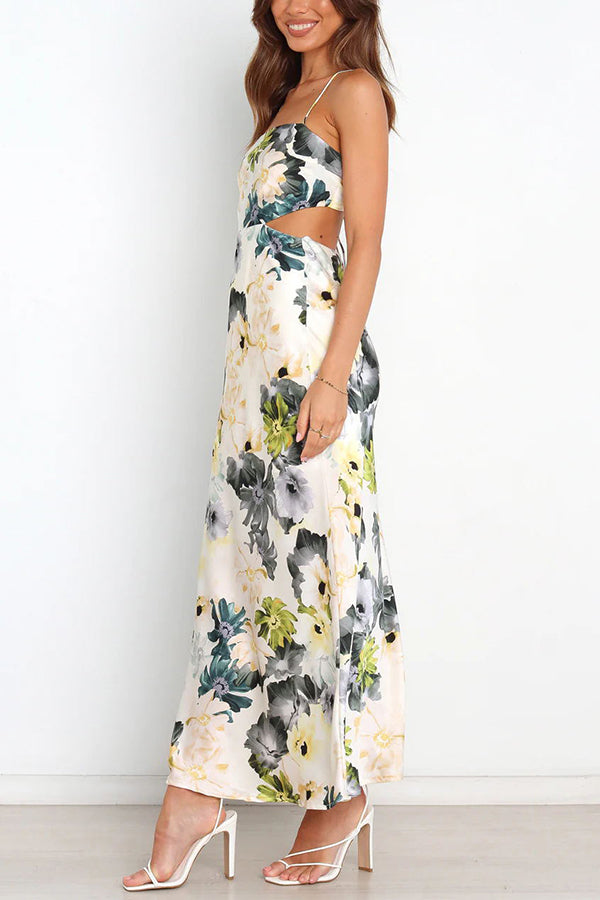 Garden Party Floral Satin Cut Out Back Lace-up Maxi Dress