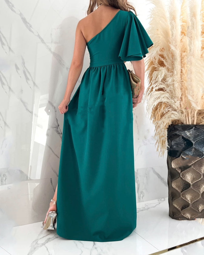 Solid Color Ruffled Sloping Shoulder Hem Slit Dress