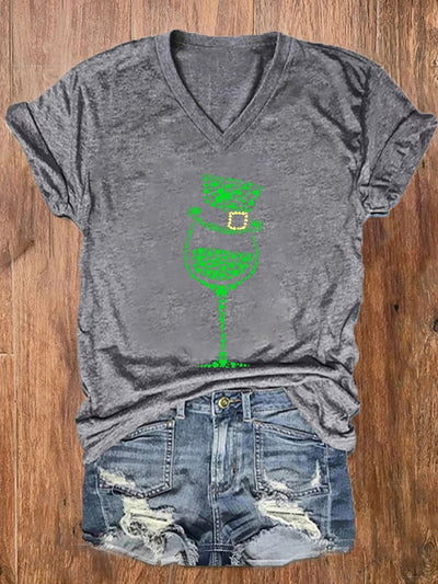 Women's St Patrick’s Day Shamrock Wine Glass Print V-Neck T-Shirt