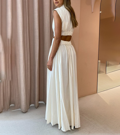 Robe longue chic à col montant, sans manches, taille sexy 