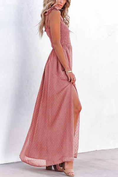 Libra Smocked Swiss Dot Slit Maxi Dress