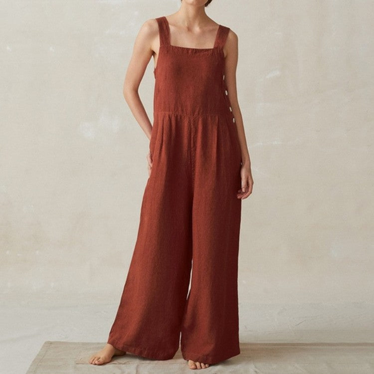 Jumpsuit mit weitem Bein und Taschen aus Baumwolle und Leinen 