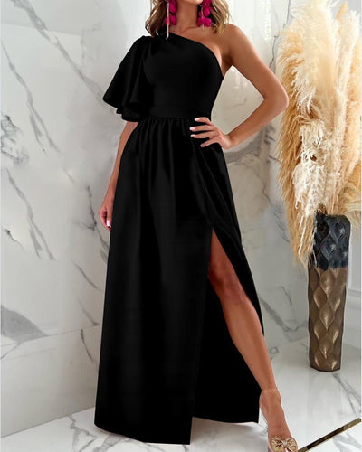 Solid Color Ruffled Sloping Shoulder Hem Slit Dress