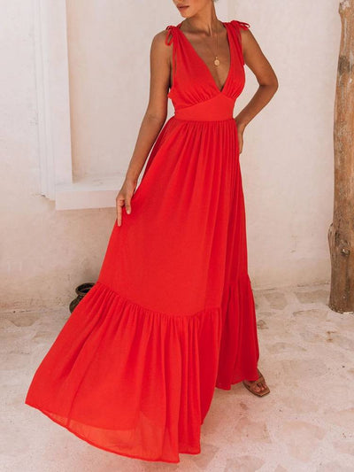 Pleated V-Neck Drawstring Maxi Dress