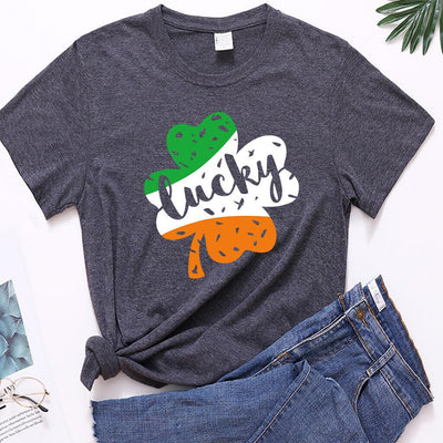 Women's St. Patrick's Day Lucky Letters Print Loose Short Sleeve Tee